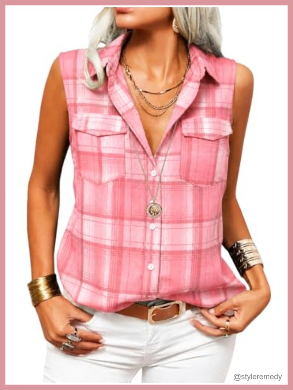 Sleeveless Button Down Tank Top Lapel Collar Plaid Office Shirt